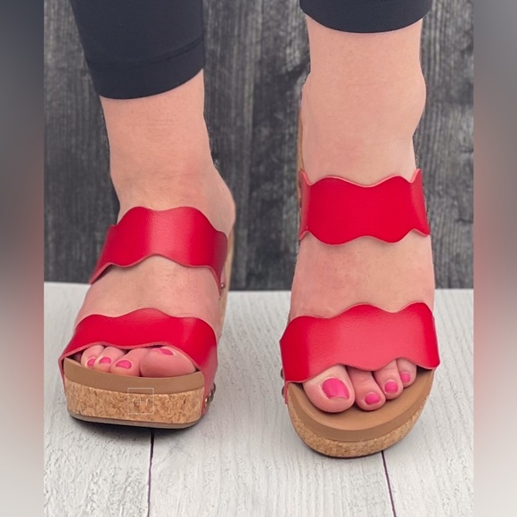 BOLD! Corkys Footwear Obviously Scalloped Double Strap Wedge Sandals in Red - Picture 1 of 6